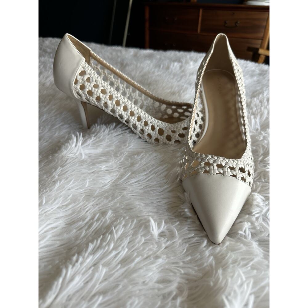 Ann Taylor Stiletto Pumps Size 9.5 White Leather Lattice Pointed Toe Lace Woven